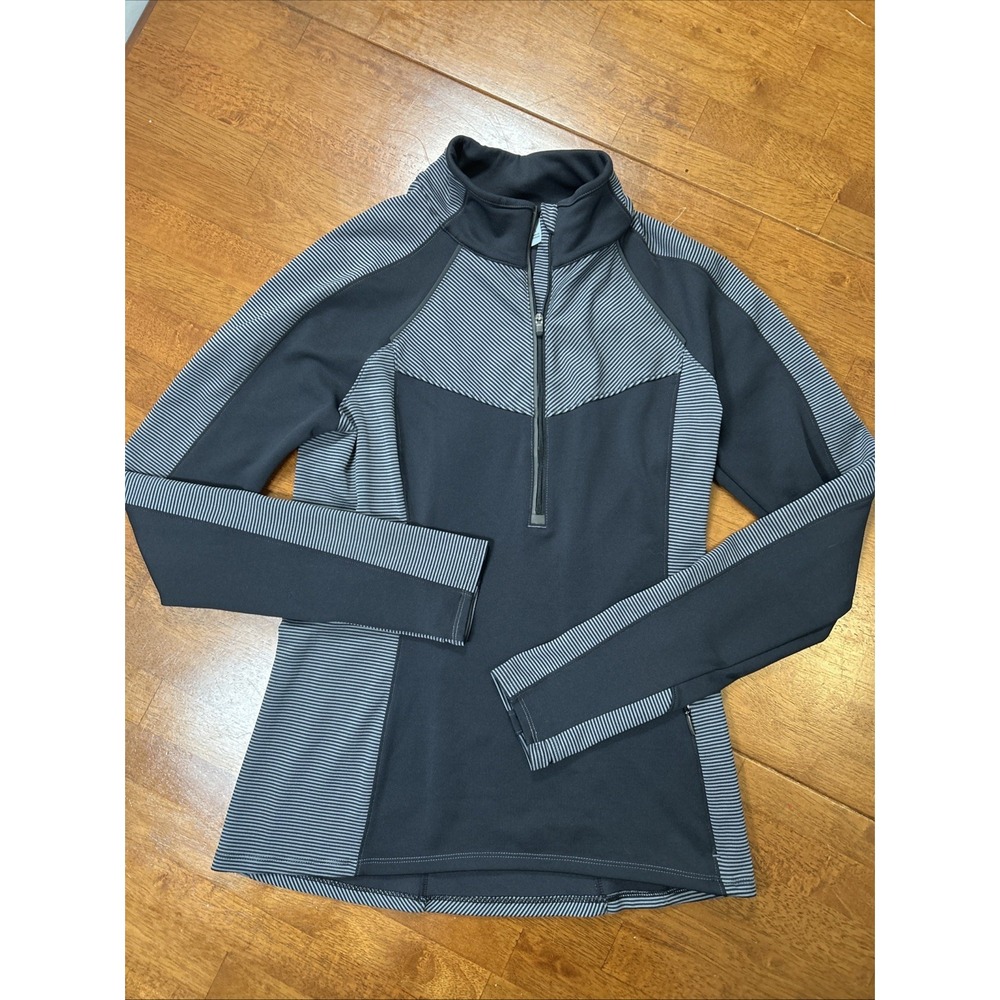 Athleta Half Zip Stripe Pullover with Pockets 721583 Gray Black Womens Size S